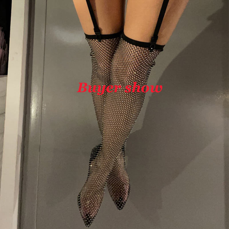 Women Sandals Sexy High Heels Shoes Nightclub Crystal Bling Pointed Toe Luxury Mesh Fishnet Over The Knee Boot 220328