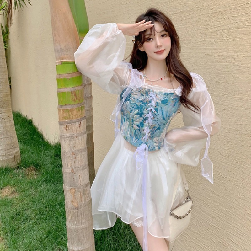 Vintage Elegant Party Floral Crop Tops Women Bandage Y2k Sexy Korean Bustiers Summer Lace Boho Beach Strap With Corset 220325