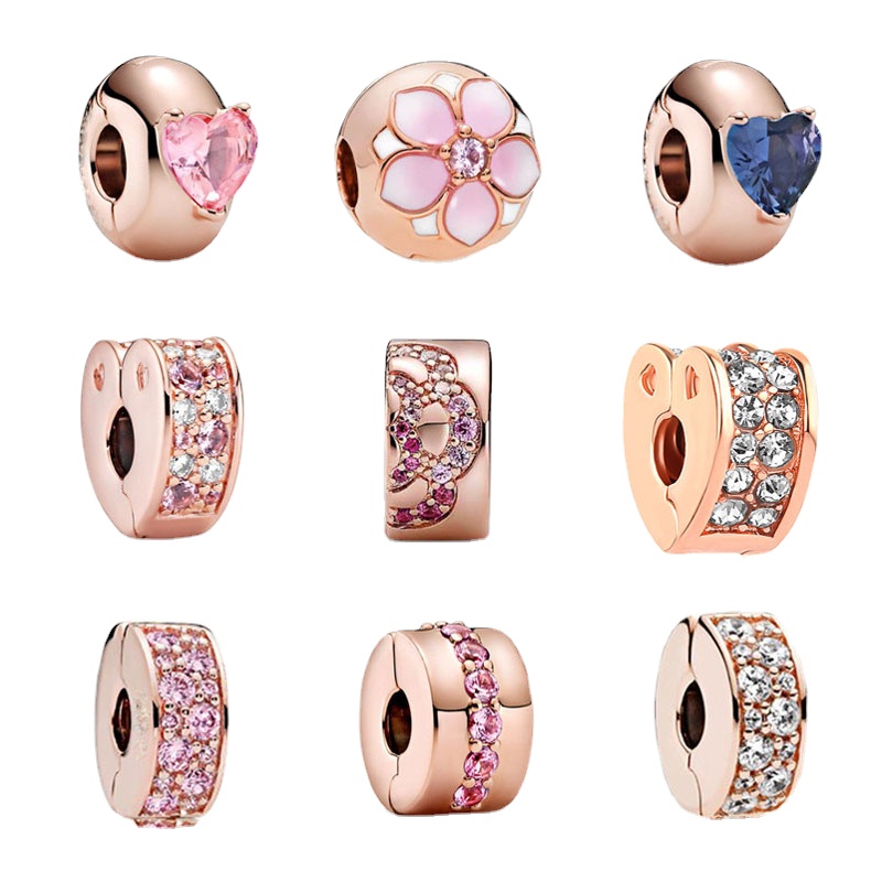 New Popular 925 Sterling Silver European Rose Gold Powder Blue Heart Shaped Solitaire Clip Charm Charm Bracelet DIY Women's S925 Snake Beading