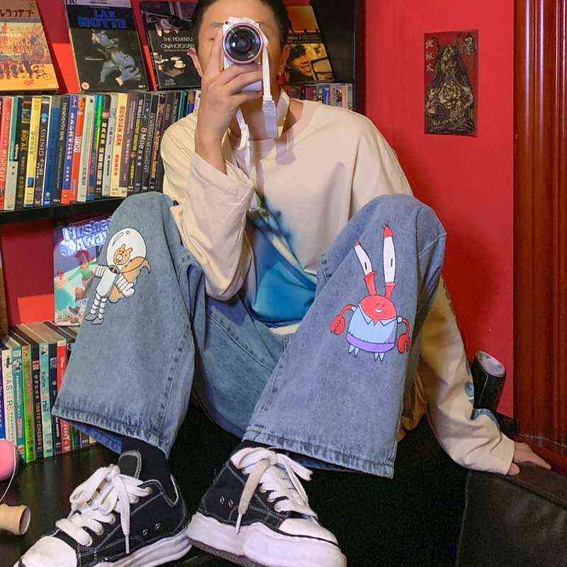 Men and Women Straight Loose Autumn Korean Style Cartoon Printed Jeans Pants Street Hip-hop Handsome Nine-point Pants Fashion G0104