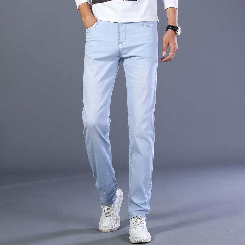 Pria Klasik Denim Celana Fall Baru Longgar Fashion Santai Lurus Stretch Katun Berkualitas Tinggi Langit Biru celana 220817