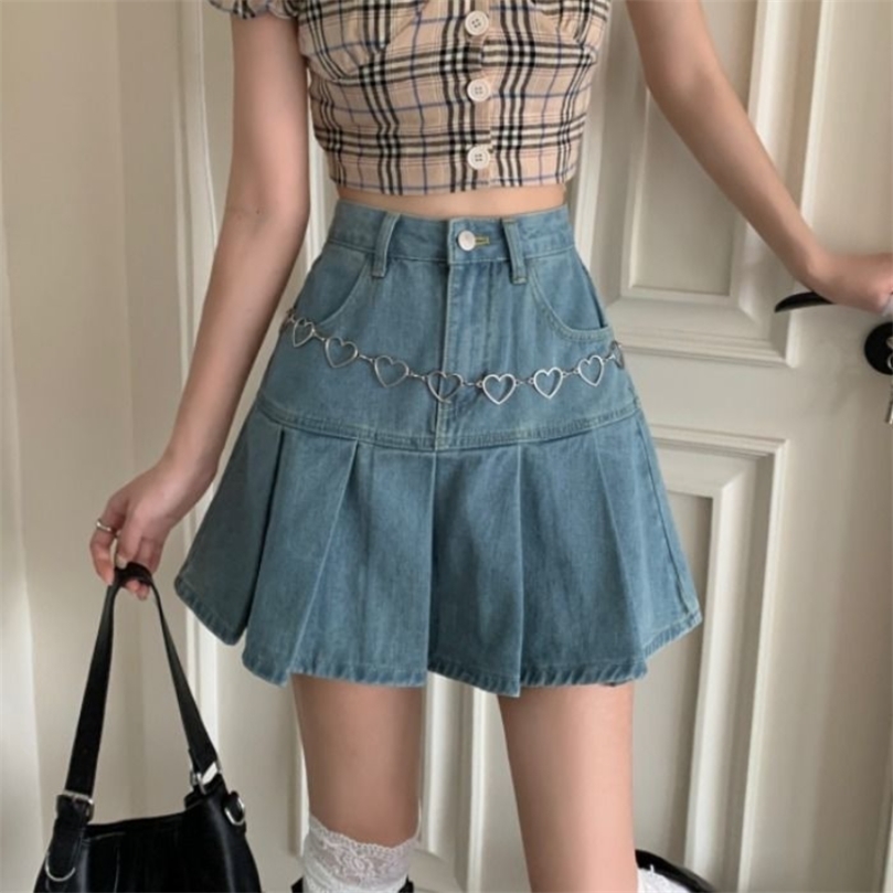 Casual Denim Mini Skirt Women Summer High-Waiste Harajuku Y2k Pleated Blue Japanese Korean Style Fashion Clothing 220317