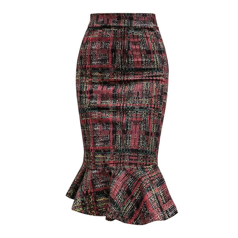 Vintage Korean Fashion Women Mermaid Skirts Elegant Japanese Office Lady High Waist Stretch Plaid Package Hip Jupe Femme 220317