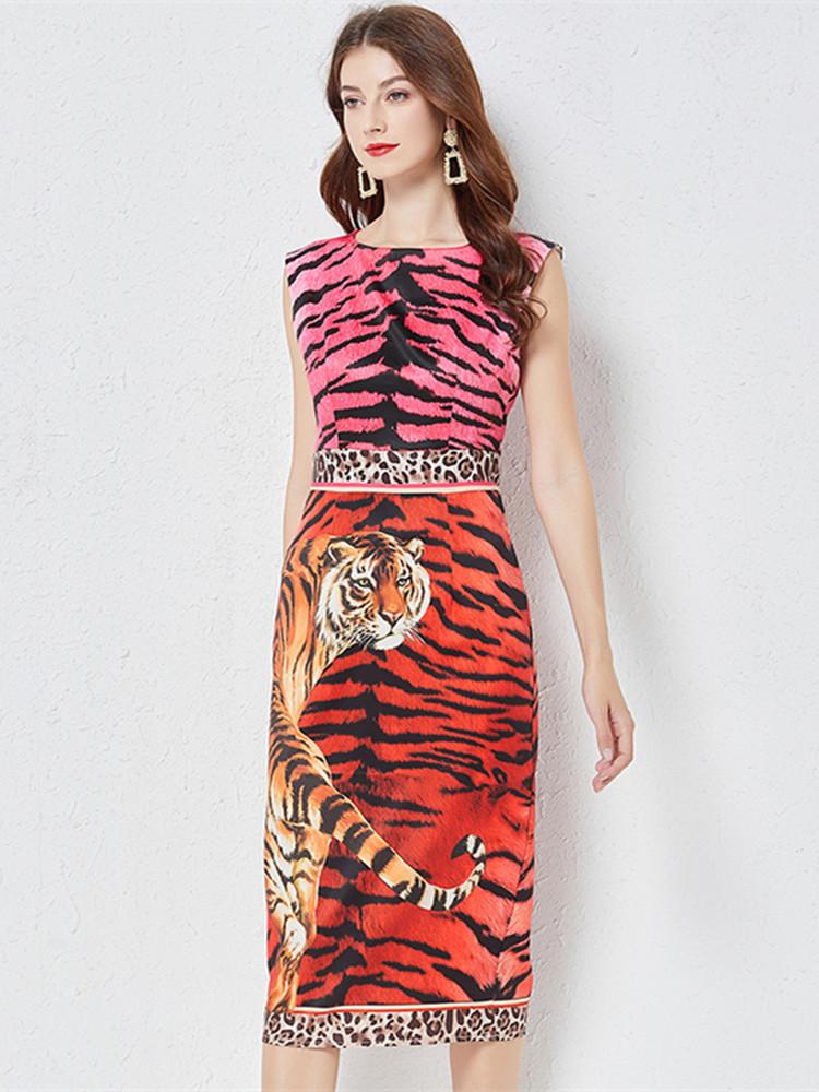 Casual Dresses Summer Designer Fashion Tiger Leopard Dress Women's Sexy Sleeveless High Waist Patchwork Vintage Midi Package Hip Party D