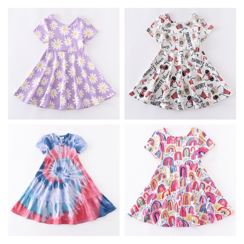 Girlymax Baby Girls Milk Silk Ruffles Twirl Dress Floral Rainbow Tie dye Print Knee Length Kids Clothing Short Sleeve 220707