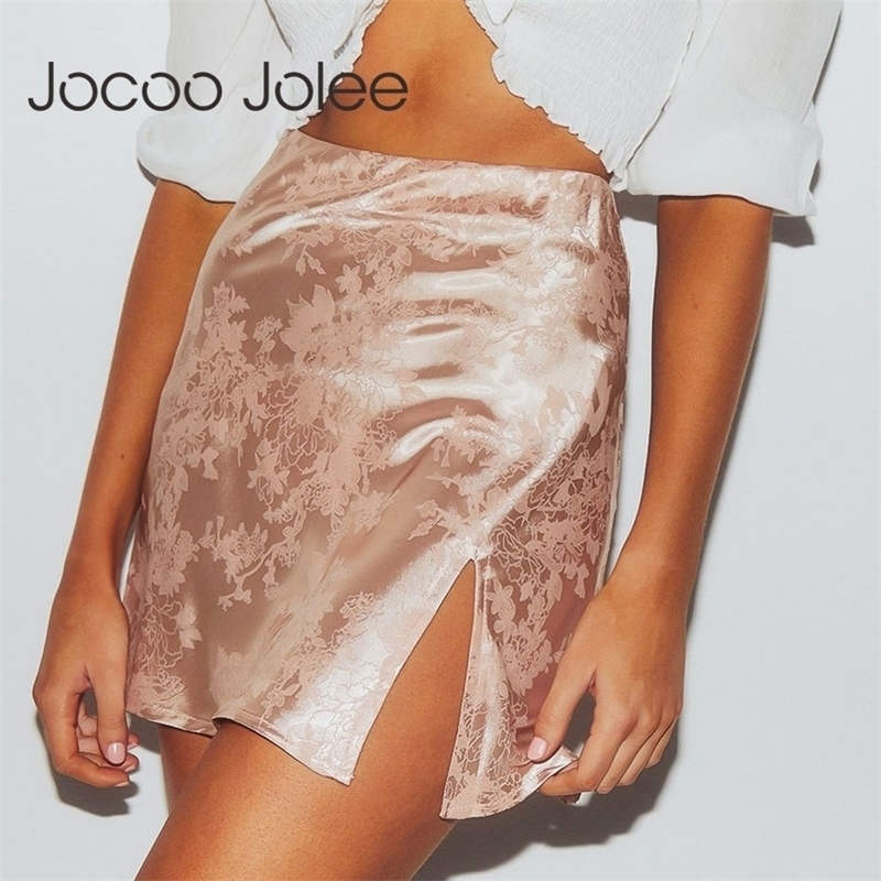 Jocoo Jolee Women Summer Elegant Jacquard Satin Short Skirt Sexy High Waist Split Mini Skirt Vintage Zipper Skirt High Street 210306
