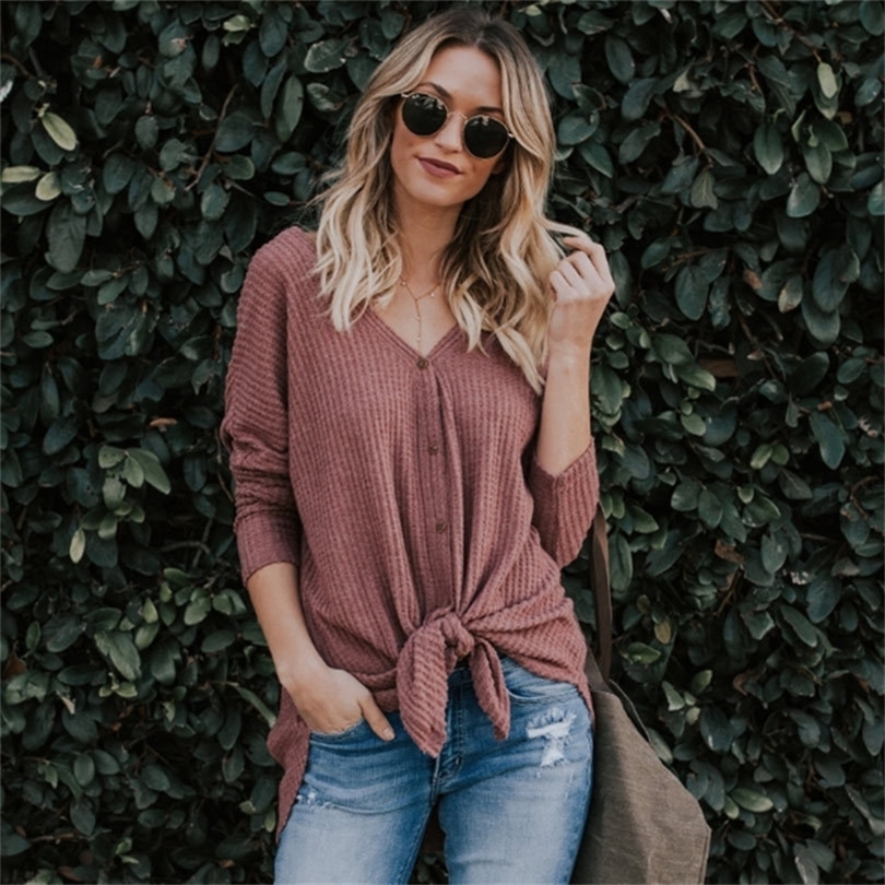 Women Autumn Blouse Waffle Button Up Front Bow Oversize Loose Knit Blouse Shirt Tops Women Blusas Fall New T200320