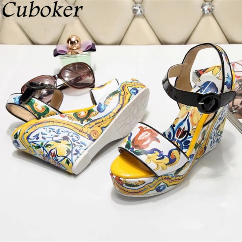 Summer Runway Sandals Women Yellow Multicolour Painting Peep toe Wedge High Heels Buckle Ankle Strap Ladies Dress Shoes 220721