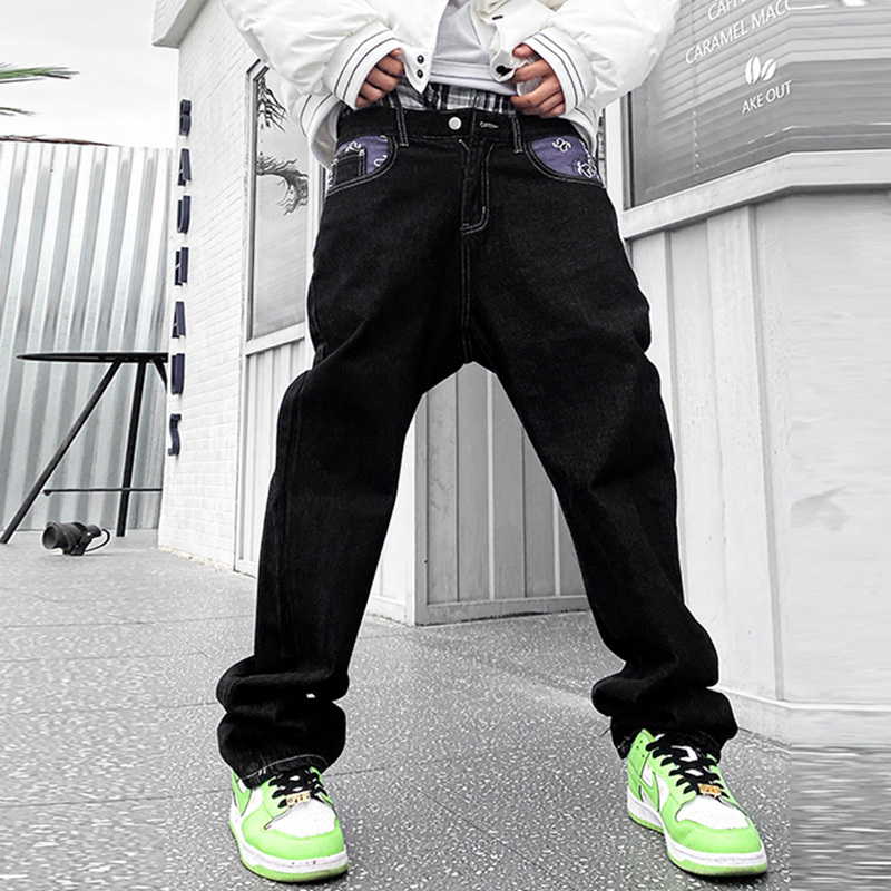 Waist Cashew Print Letter Pactchwork Ripped Jeans Pants Mens Streetwear Straight Washed Retro Oversized Casual Denim Trousers 220606