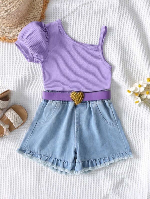 Toddler Girls Asymmetrical Neck Top & Raw Trim Belted Denim Shorts SHE