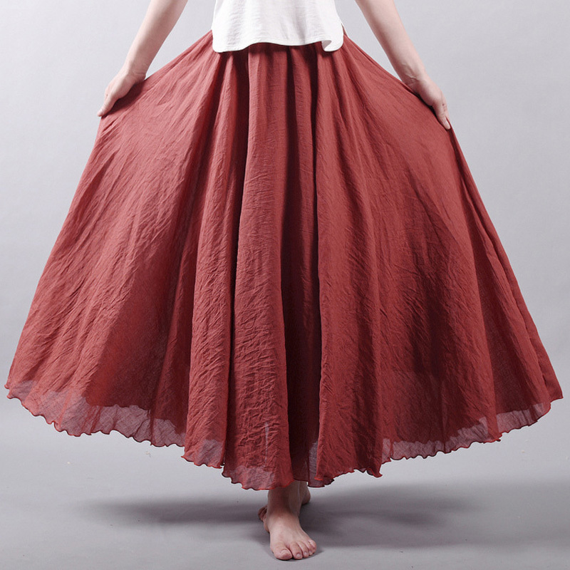 Women Linen Cotton Long Skirts Elastic Waist Pleated Maxi Skirts Beach Boho Vintage Summer Skirts Faldas Saia 220711