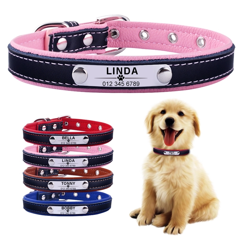 Leather Collar Personalized Custom Engraved Name Plate Puppy Pet s XSSML Dog Tag 220622