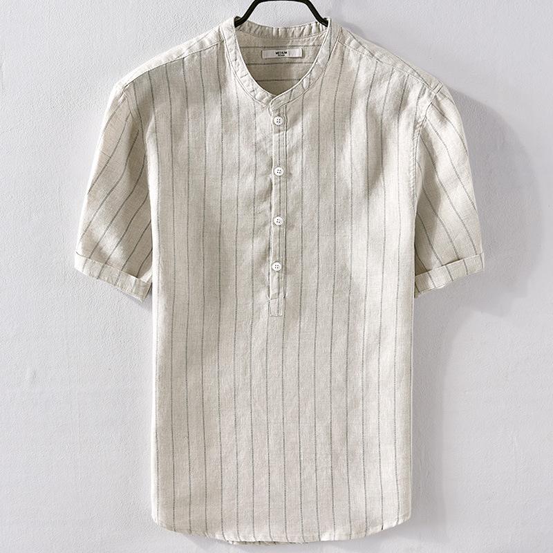 Men's Casual Shirts Brand Men's Linen Short-sleeved Striped Shirt Slim Flax Mens -3XL Summer White Male CamisaMen's, Khaki