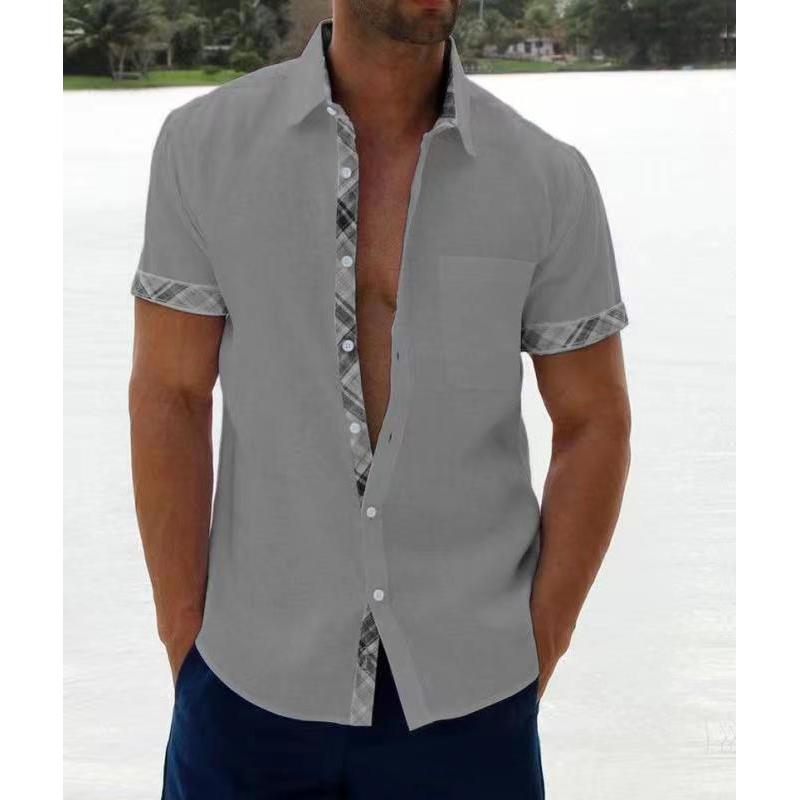 Men's Casual En Short Sleeve Button Up Shirt Summer Loose Comfortable Patchwork Cotton Tee Holiday Beach Wear