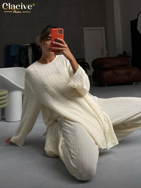 Clacive Fashion Loose 2 Piece Pants Set Women Casual Long Sleeve T-Shrit Matching Wide Trousers Suit Vintage High Wasit Pant 220315