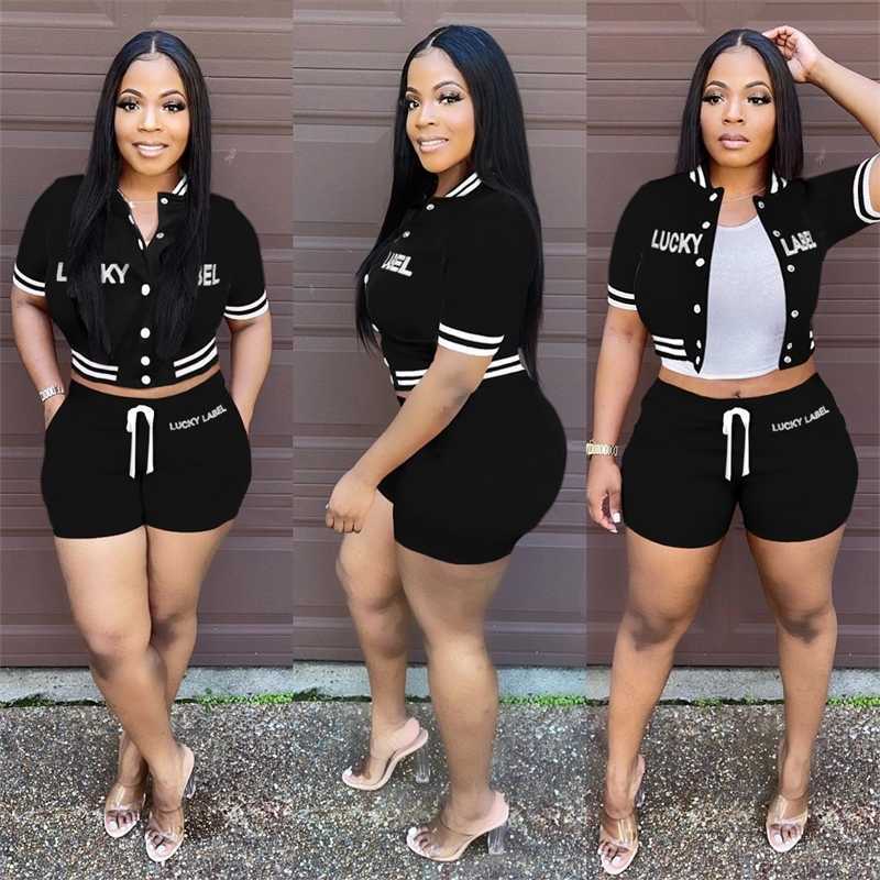 Embroidery Letter LUCKY LABEL Women Sports Tracksuits Baseball Shorts Suit Summer Clothes 2 Piece Set Casual Clothes