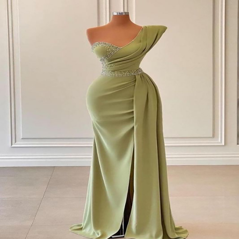 New Sage Green Prom Dress Slit 2022 Sexy One Shoulder Dubai Evening Dresses Mermaid Satin Floor Length Beaded Formal Special Occasion Vestidos De Noch