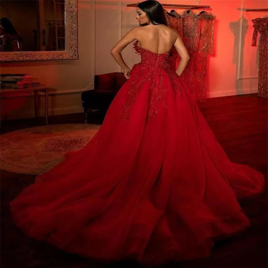 Sexy Red Ball Gown Wedding Dresses Appliques High Split Sleeveless Strapless Sweetheart Tulle Crystals And Sequins or Length Princess Plus Size Custom