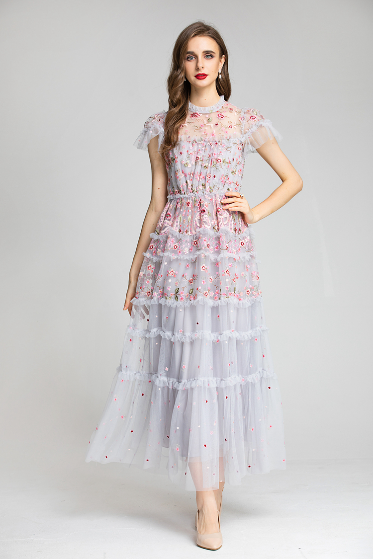 Women's Runway Dresses O Neck Short Sleeves Embroidery Ruffles Layered Printed Elegant Party Evening Prom Gown