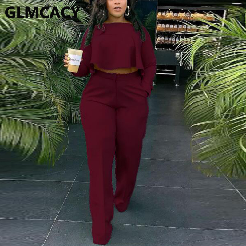 Women Two Piece Casual Suits Long Sleeve Dip Hem Crop Top Shirt & Loose Pants Set 220526