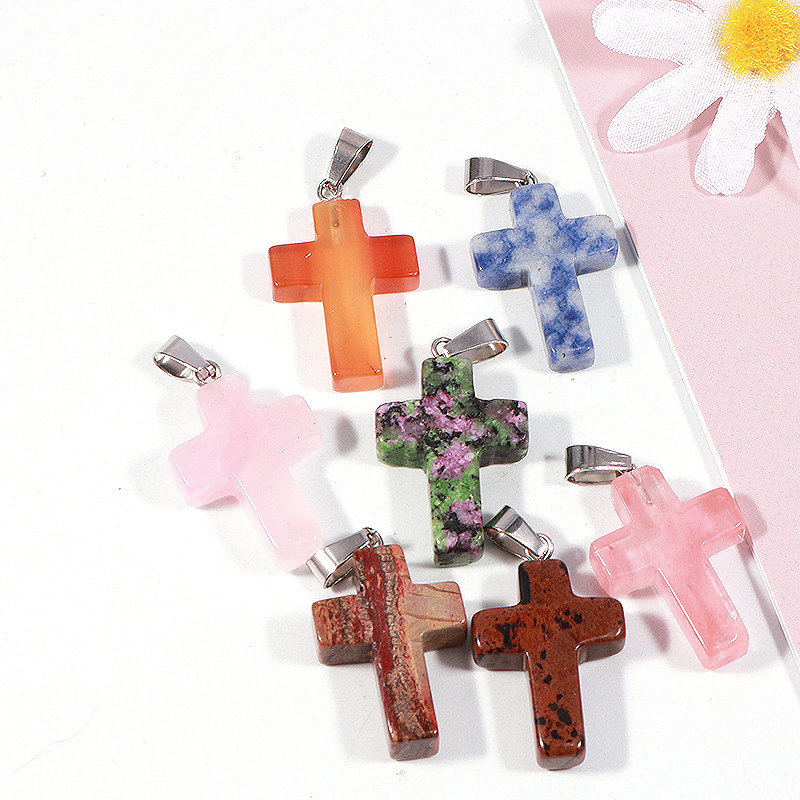 Rose Quartzs Crystal Natural Stone Charms cross Pendants Fashion Beads For DIY necklace Jewelry Making Gemstones