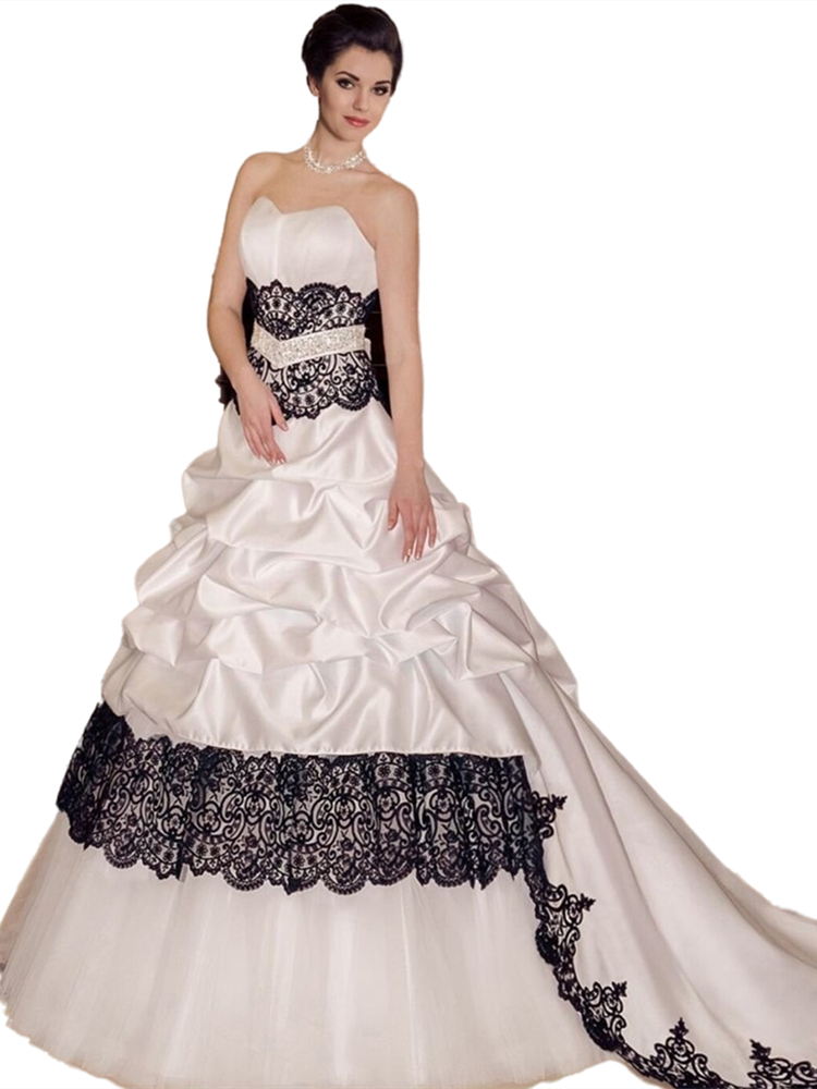 Gothic Black And White Ball Gown Wedding Dresses Strapless Sleeveless Long Bride Dress Ruched Skirt Vintage Corset Bridal Gowns 2022 Lace And Satin Ve