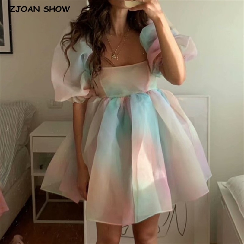 Summer Tie dye Colored Organza Ball Gown Dress Puff Sleeve Retro Women Swing Short Dresses Fairy Vestidos 220511