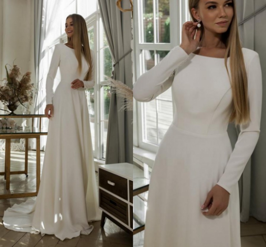 Ivory Satin Bridal Gown Long Sleeves Scoop Sweep Train A-Line Wedding Dresses 2022 Soft Satin Vestidos De Noiva Simple