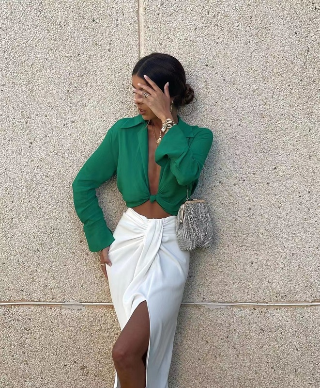 XIKOM Summer Women Vintage Elegant Green Shirt Female Sexy V Neck Streetwears Blouses Casual Tie Slim Shirt Chic Blusas Top 220407