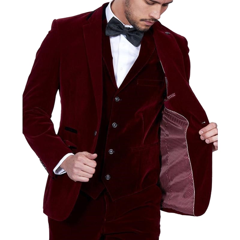 Burgundy Velvet Men Suits 2022 Slim Fit 3 Piece Blazer Tailor Made Wine Red Groom Prom Party Tuxedo Jacket Pants Vest