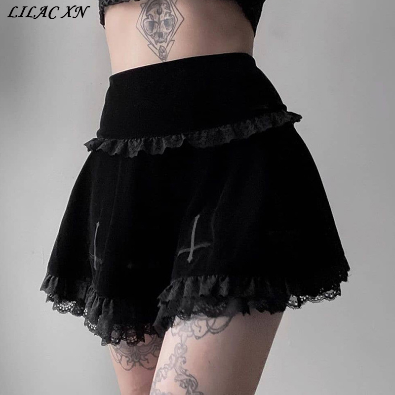 Y2K Harajuku Plaid Pleated Mini Skirts Punk Aesthetic Sexy Black High-waisted Tennis Skirt for Women Gothic Kawaii Fairy Grunge 220322