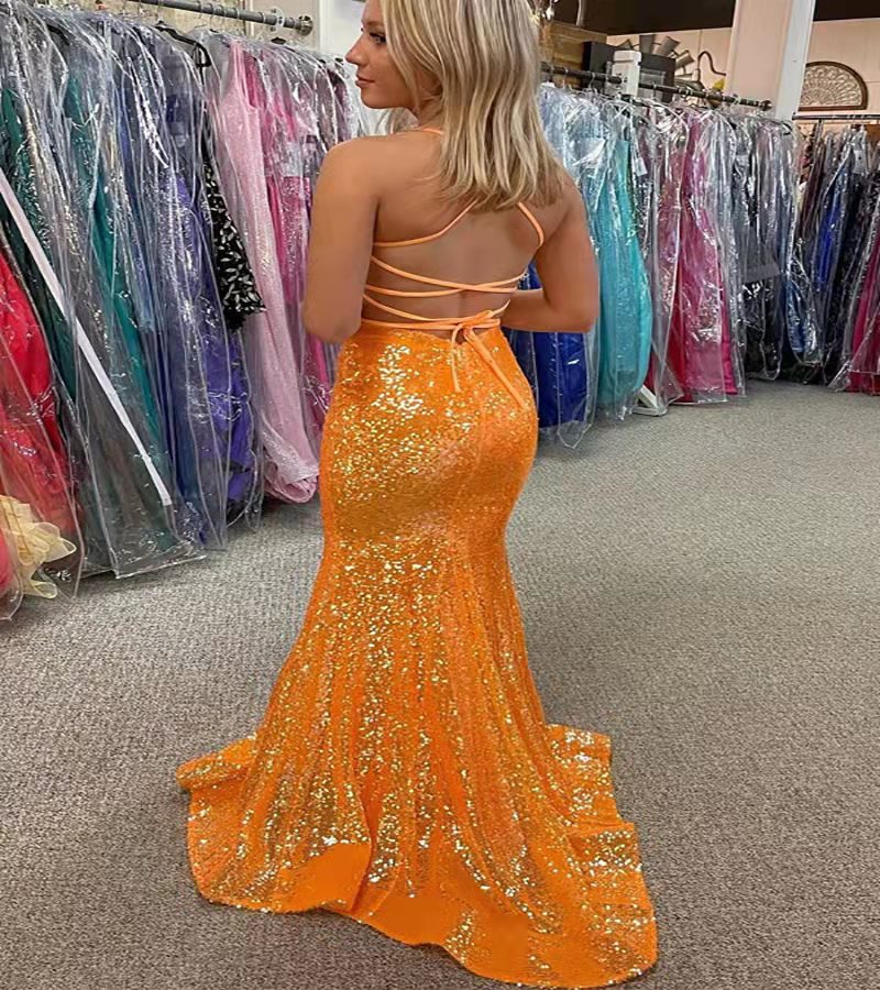 Sparkly Orange Sequin Mermaid Prom Dresses 2022 Sexy V Neck Bling Long Evening Dress Cross Back Night Dinner Wear Special Occasion Gala Vestidos Party