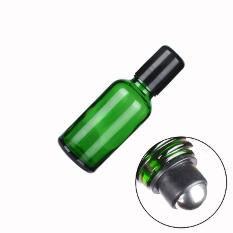 Empty Packing Green Glass Bottle Black Screw Lid Essential Oil Steel Roller Vials Portable Refillable Cosmetic Packing Container 5ml 10ml 15ml 20ml 30