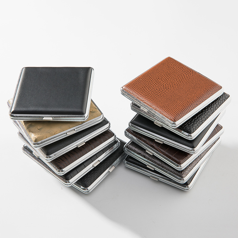 20packs Leather Cigars PU Cigarette Case Metal Smoking Holder Small Stainless Steel Tobacco Cigarette Boxes Tools