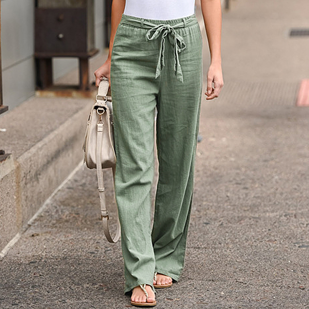 Women Casual Wide Leg Pants Solid Linen Cotton Spring Straight Trousers Plus Size High Waist Belt Ankle-length Long Pant Trouser