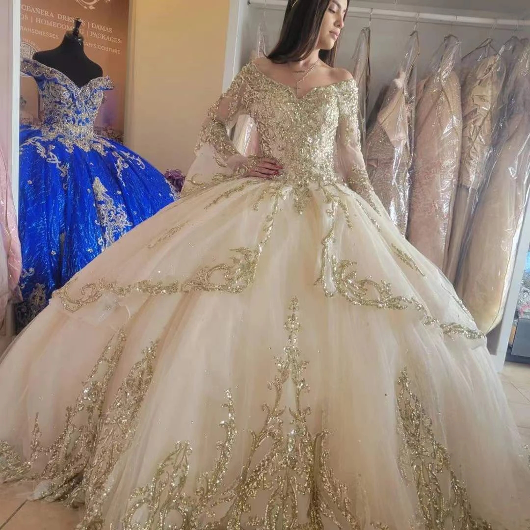 Gold Sequin Champagne Quinceanera Dress Princess 2025 Long Sleeve Ball Gown Prom Dresses Off Shoulders 15 Years Old Birthday Party Sweet 16 Dress For 