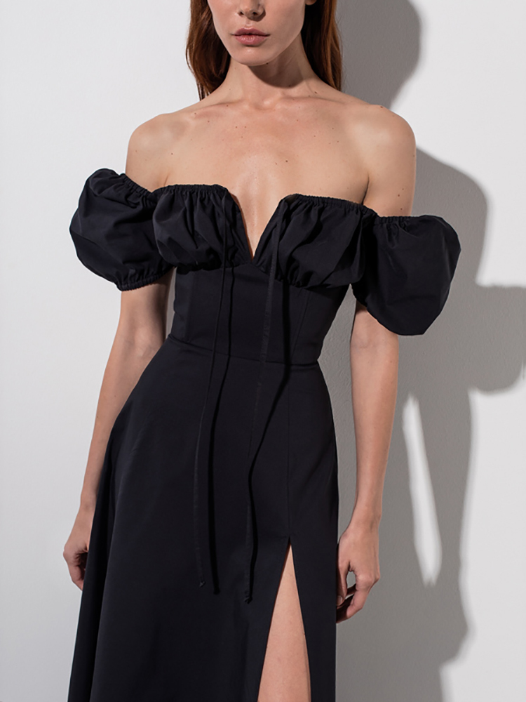 Asia Puff Sleeve White Dress Off Shoulder Cut out Tie up Side Split Ruched Long Dress robe femme Summer Dress for Women 220511