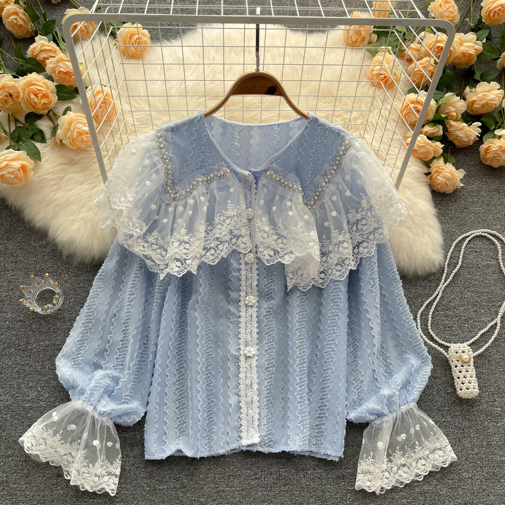 2022 Spring new design women's turn down collar lace patched beading flare long sleeve sweet cute chiffon blouse shirt tops, Beige
2022 Spring new design women's turn down collar lace patched beading flare long sleeve sweet cute chiffon blouse shirt tops, Beige