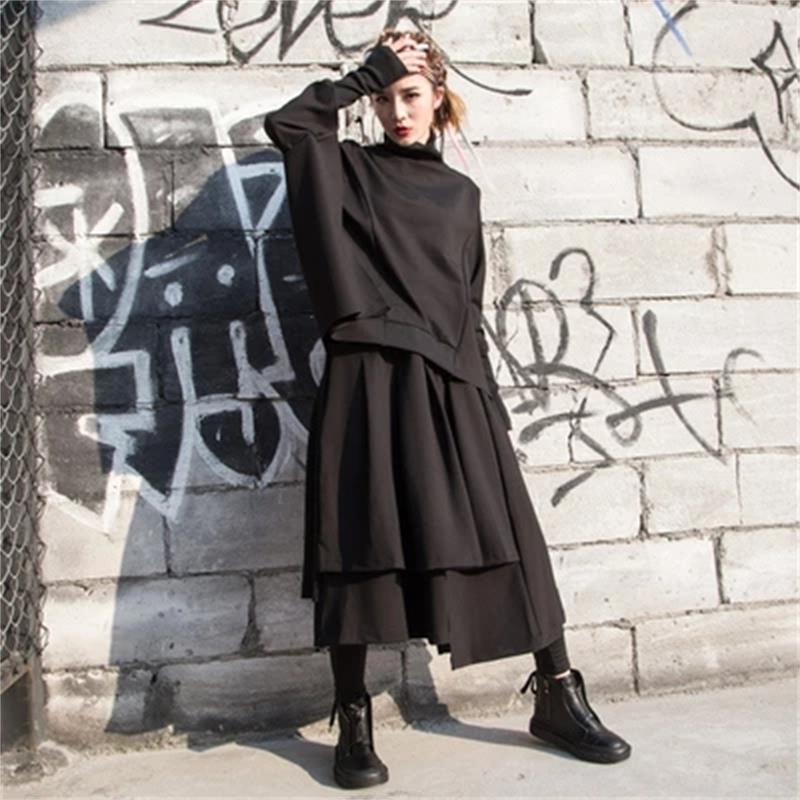 European station Spring and autumn fashion suit women loose longsleeved Turtleneck pleated skirt twopiece suit 220817