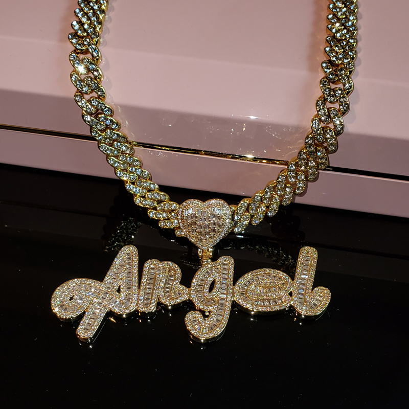 Grandbling Custom Name Necklace with Heart rhinestones Cuban Chain Word Iced Out CZ Personalized Hiphop Jewelry 220722