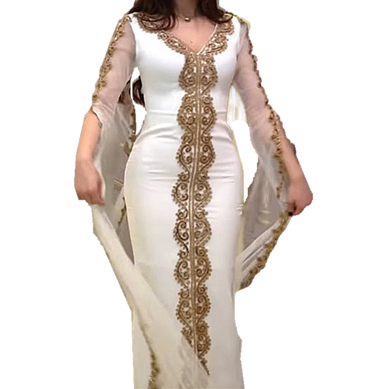 Elegant Saudi Arabic Long Sleeves Evening Dresses For Women Sheath V-Neck Floor Length Formal Event Gowns Gold Crystals Lace Kaftan Prom Celebrity Par