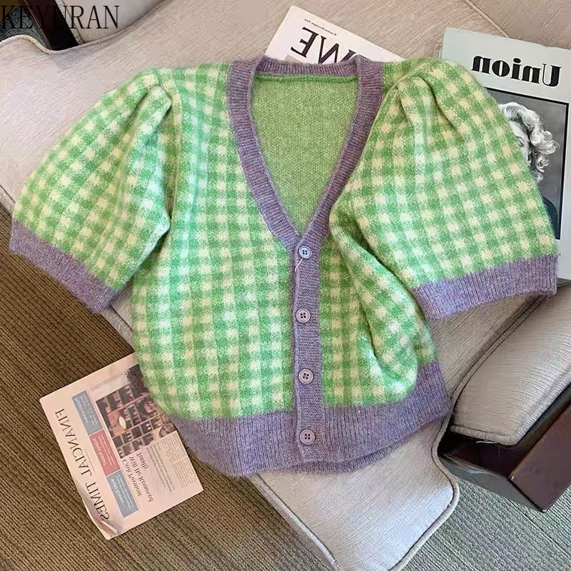 Korean Chic Summer Sweet V-neck Plaid Cardigan Women Contrast Check Single Breasted Puff Short Sleeve Cropped Sweater Jacket, Green
Korean Chic Summer Sweet V-neck Plaid Cardigan Women Contrast Check Single Breasted Puff Short Sleeve Cropped Sweater Jacket, Green