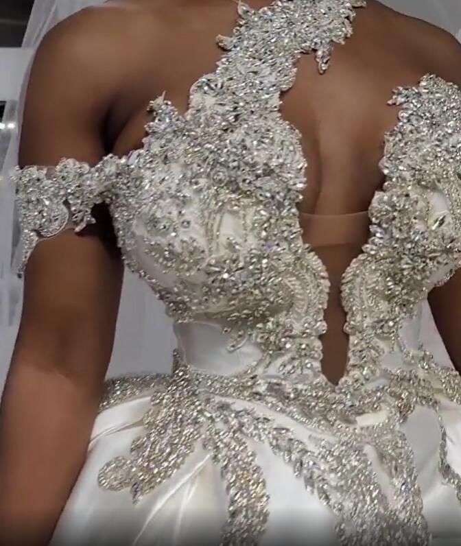 Plus Size Arabic Aso Ebi Crystals Wedding Dress High Split sparkly black girl One Shoulder Sexy Satin Bridal Gowns