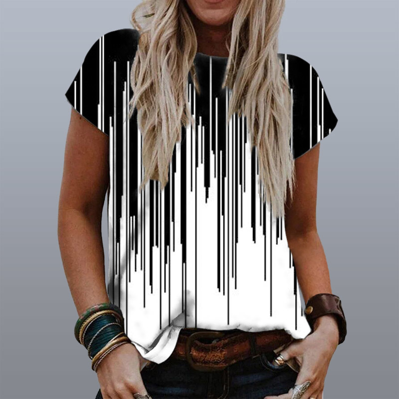 Stripe Graphic Print T-Shirt Women Summer Round Neck Short Sleeve Tops Casual Tees Harajuku Plus Size Loose Tshirts 220321