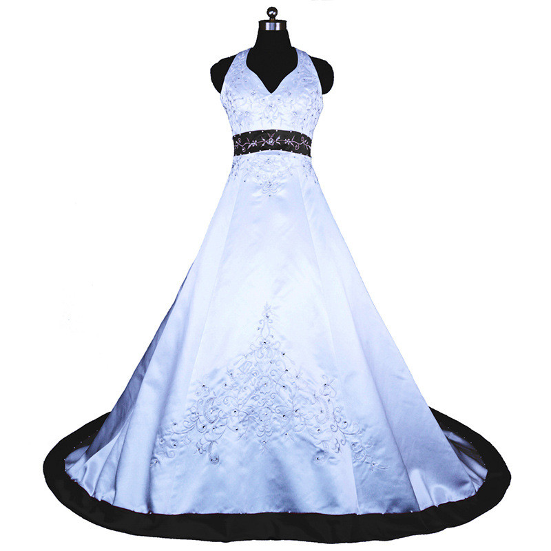 Court Train Ivory and Royal Blue Wedding Dresses 2022 gothic Halter embroidery Lace Up corset country Closure Bridal Gowns