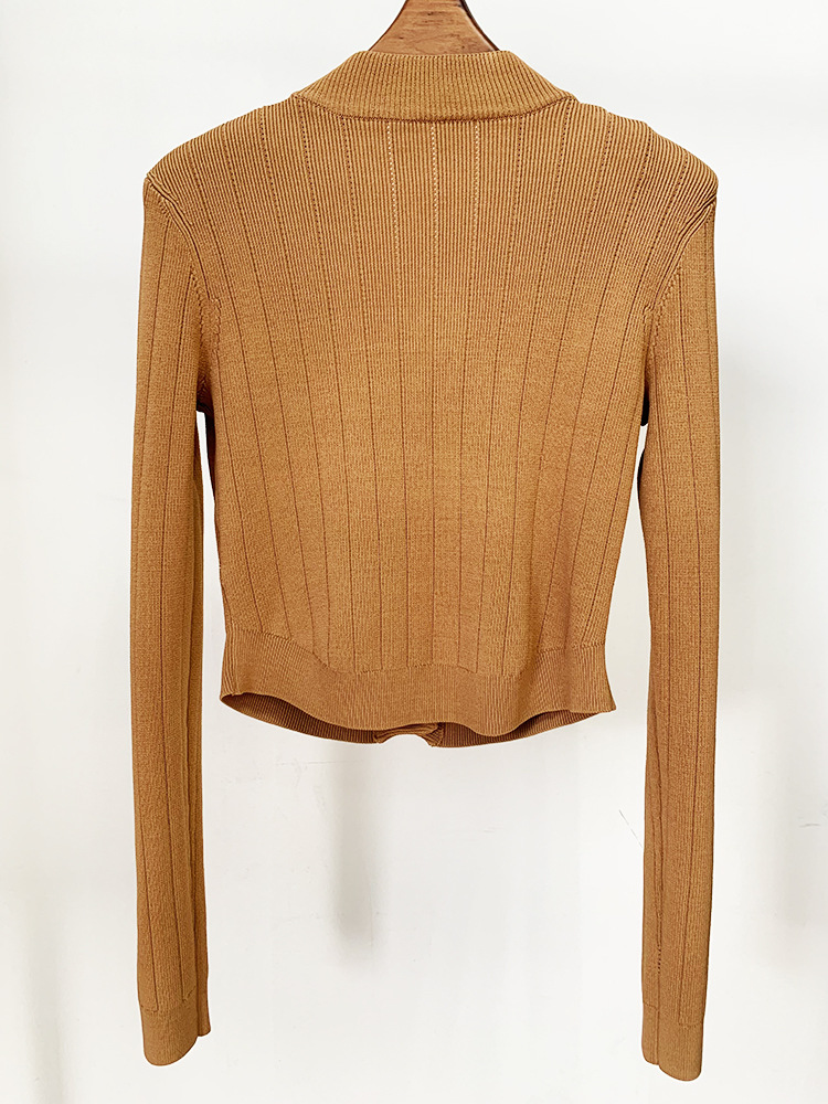 2026 new designer short knitted women's slim fit cardigan top V-neck metal buckle light brown black and white