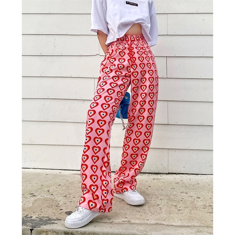 Missnight Pink Pants Heart Printed Straight Elastic High Waist Drawstring Fashion Streetwear Vintage Harajuku 220325