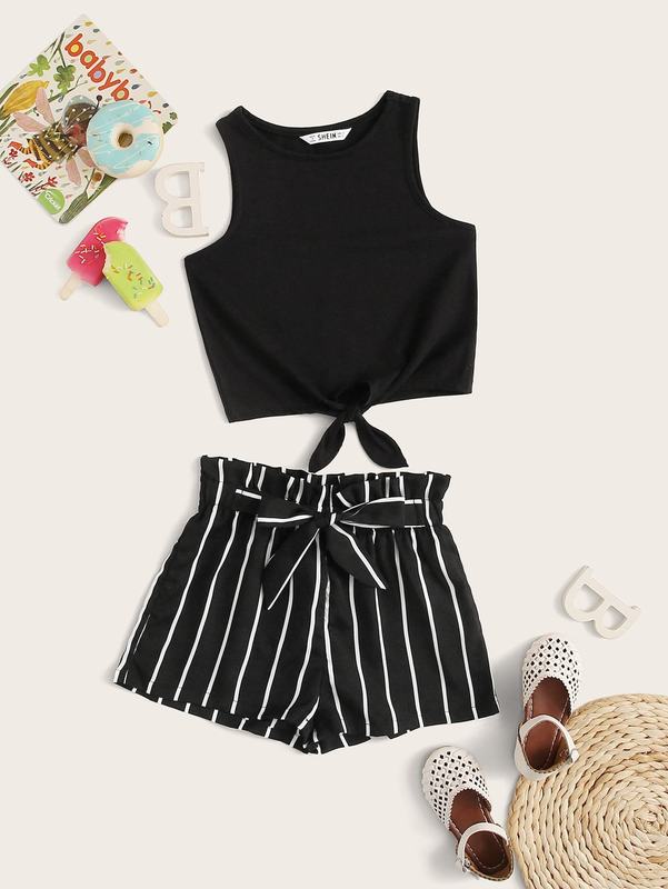 Girls Tie Hem Tank Top & Paperbag Waist Knot Detail Striped Shorts Set SHE