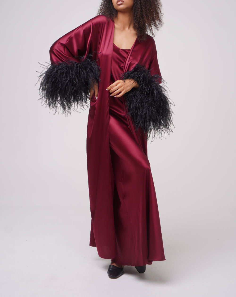 Burgundy Satin Silk Party Sleepwear Dresses Women Long Maternity Feather Robes Custom Made Robe Evening Dress