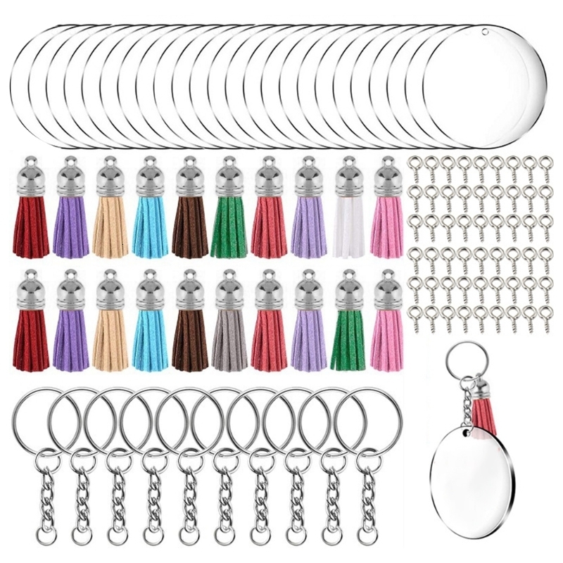 Keychains Lanyards 200 Pcs Acrylic Keychain Blanks Kit with Key Rings Jump Rings Round Clear Discs Circles Colorful Tassel Pendants for DIY 230206